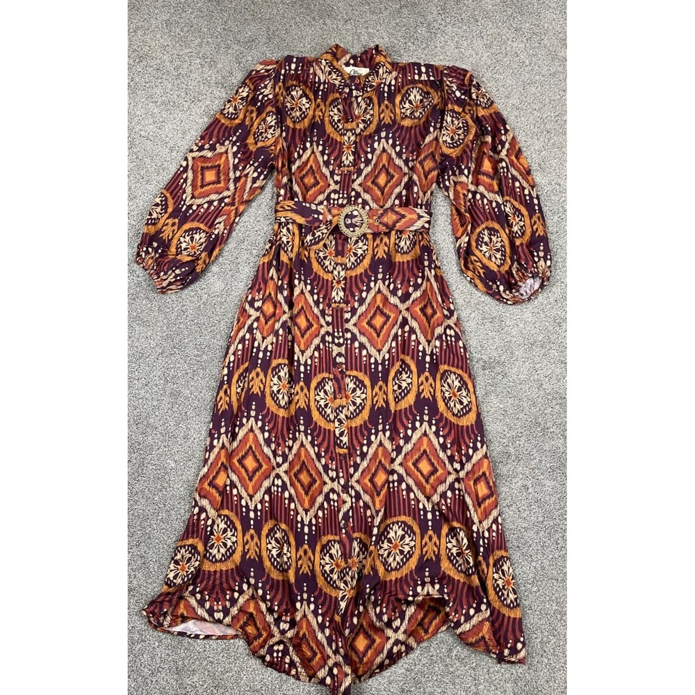 Ollari Dress Womens Large 10 Anthropologie Maxi Belted Retro Hippie Funky Long